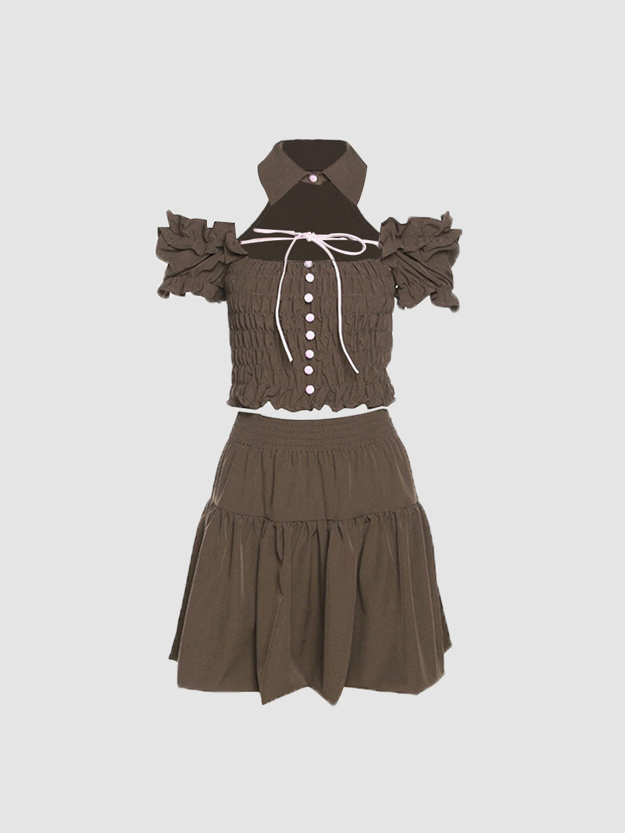 Retro Square Neck Short Bubble Sleeve Top&Pleated Skirt Set