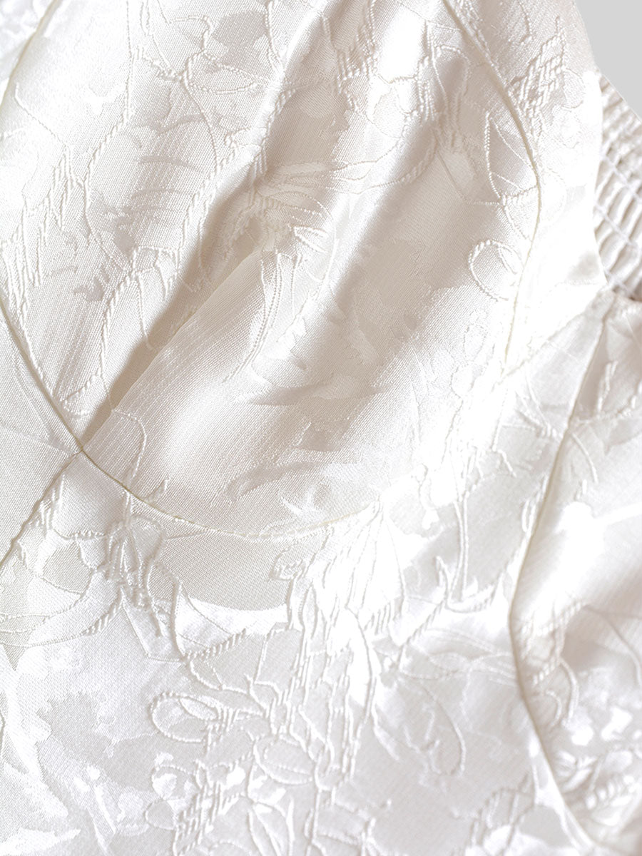 Sweet Jacquard Bubble Sleeve Creamy White Dress
