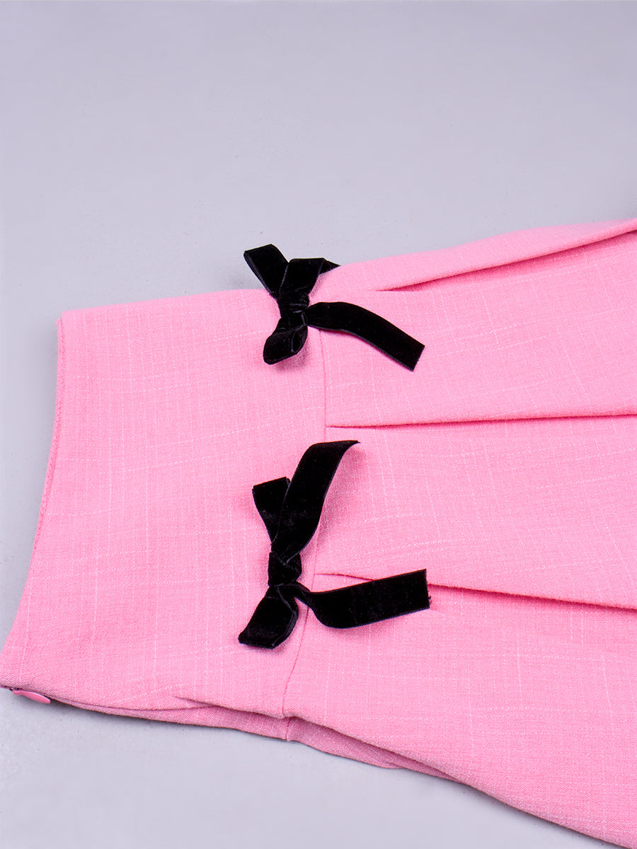 Pink Short Sleeve Top&High Waist Pleated Skirt Set