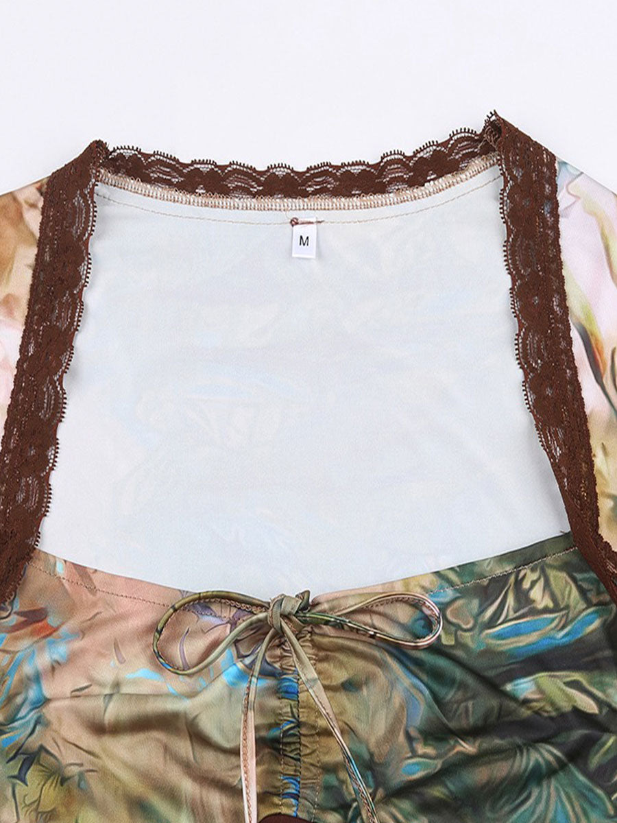 Vintage Printed Lace Trim Long Sleeve Top