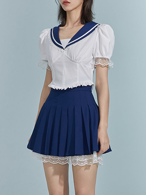 Navy Blue Bubble Sleeve Top&Pleated Skirt Set