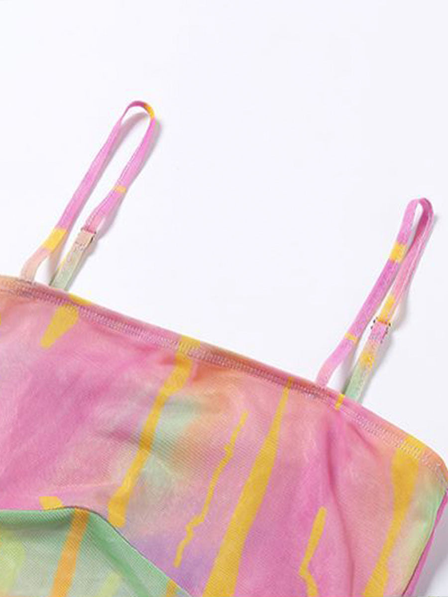 Colorful Printed Mesh Cami Top + Irregular Blouse Two-piece Set