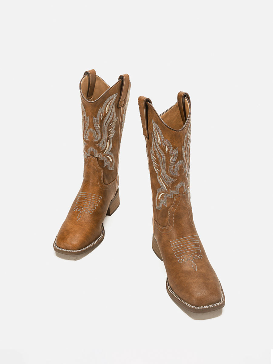 Brown Stitching Embroidered Butterfly Boots
