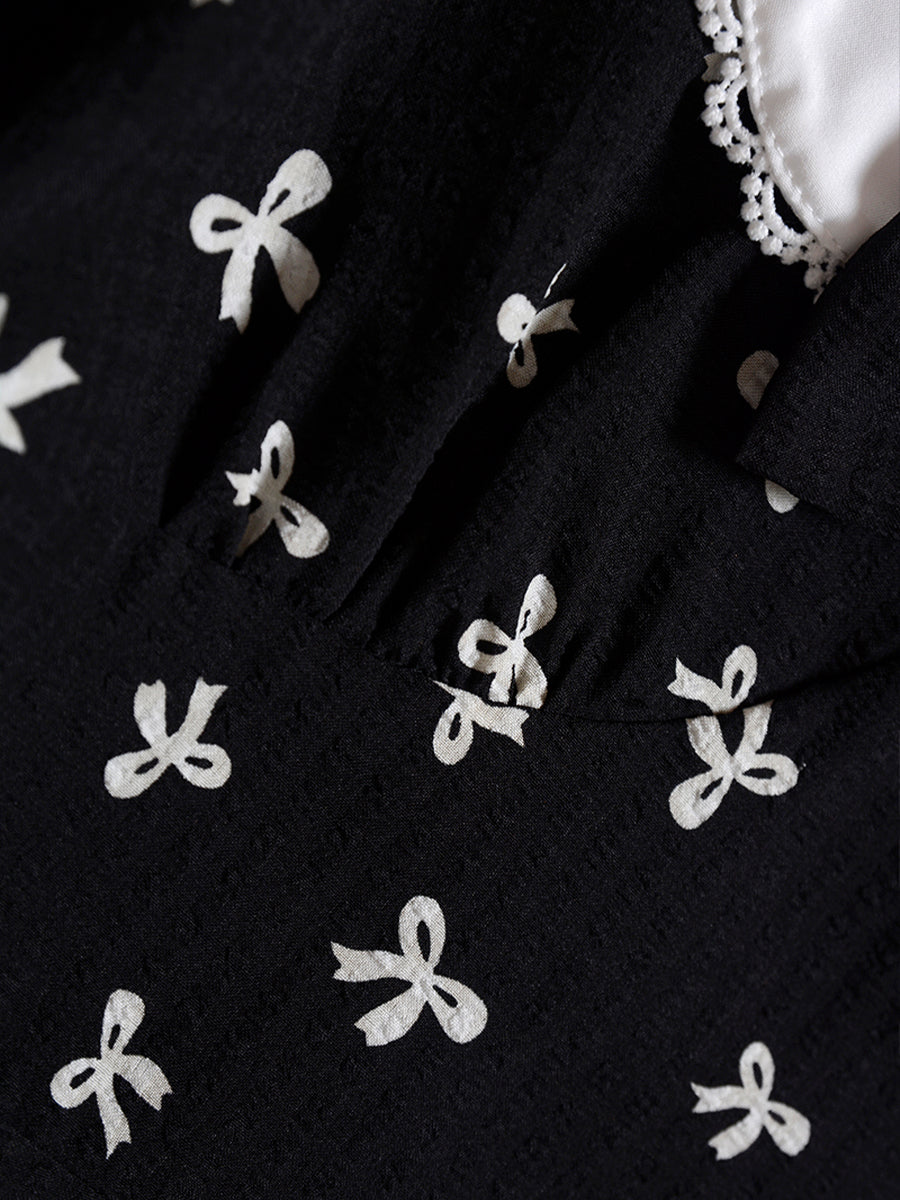 Retro Bow Print Doll Neck Dress