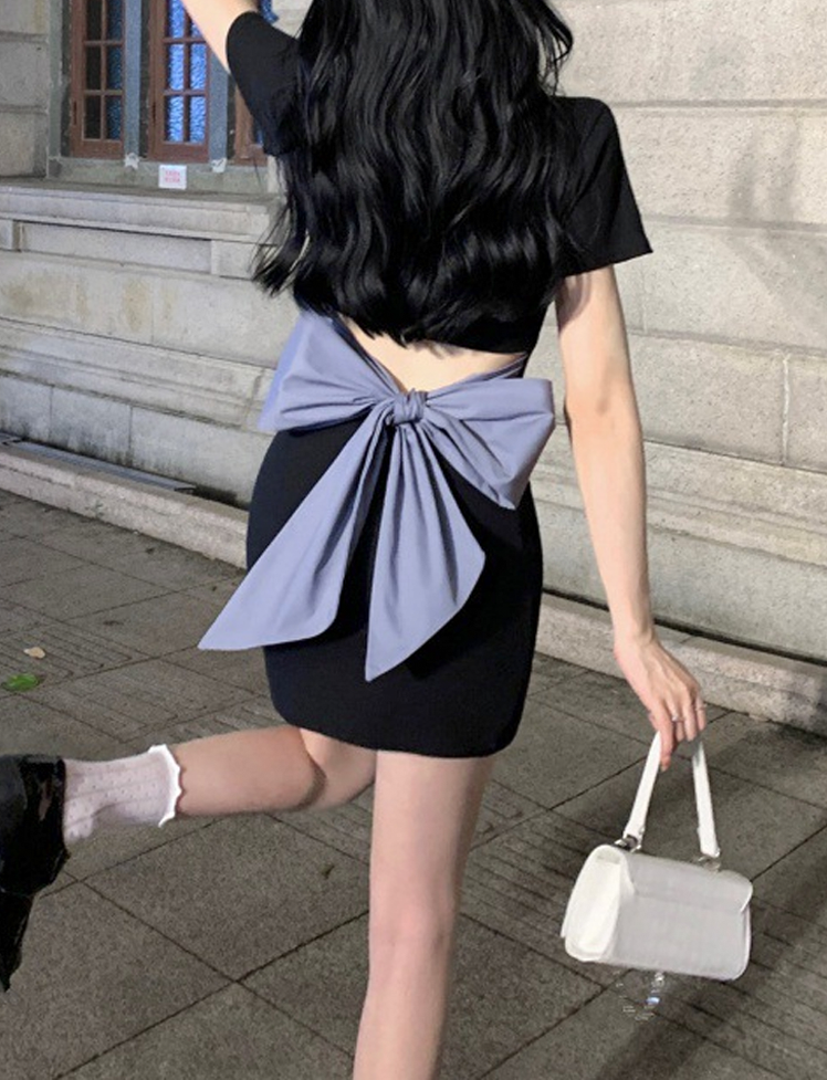 Plaid Neck Bow Tie Back Hollow Dress