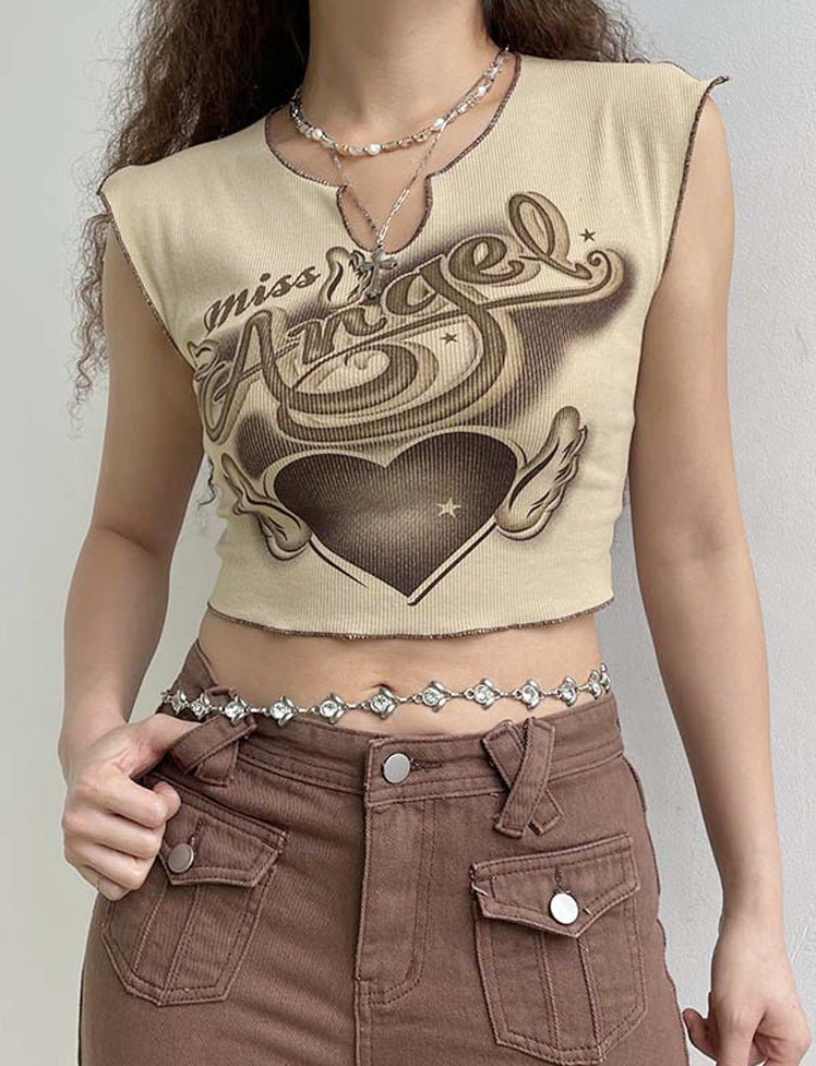 Vintage Slit Angel Print Top