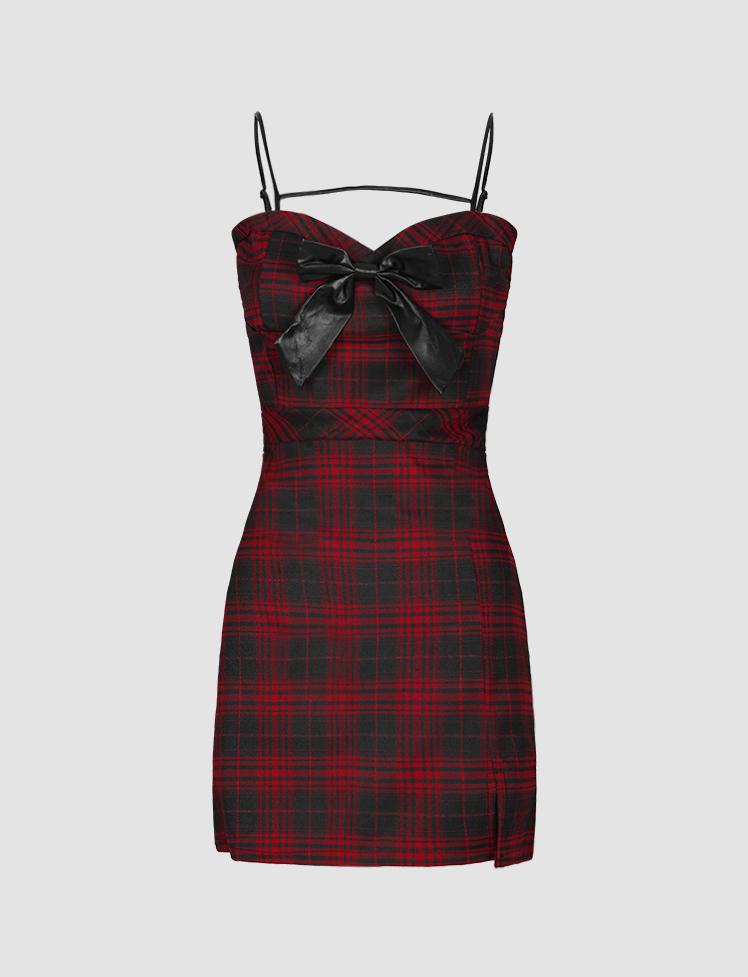 Red Plaid Bow Cami Dress
