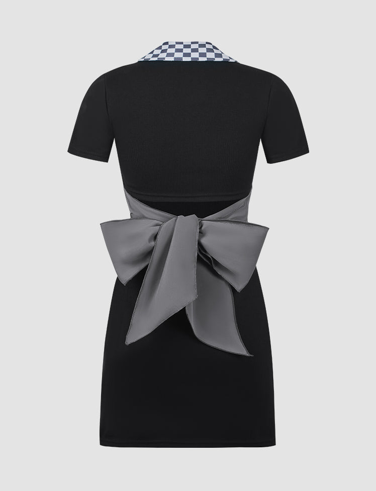 Plaid Neck Bow Tie Back Hollow Dress