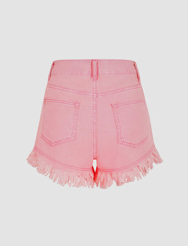 High Waist Denim Fringed Shorts