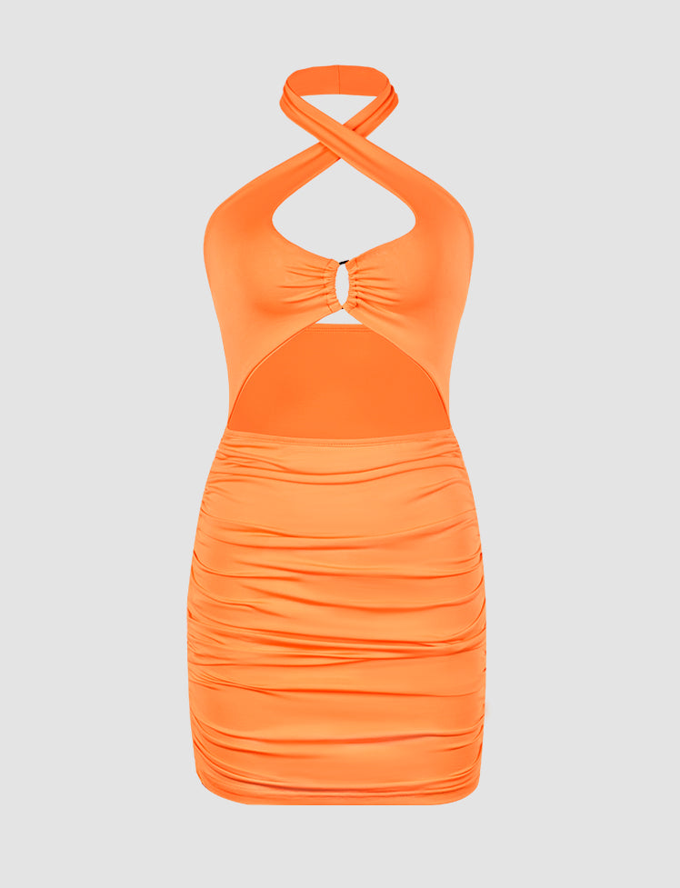 Solid Halter Drawstring Mini Dress
