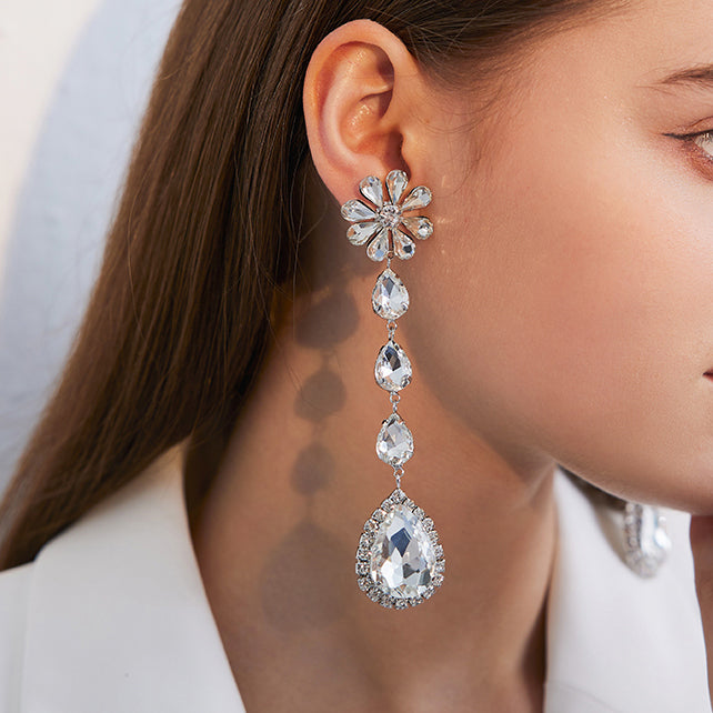 Flower Rhinestone Long Earrings