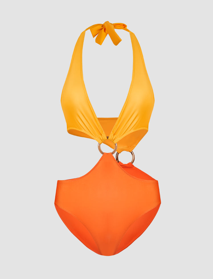 Color-block Halter One-piece Swimwear