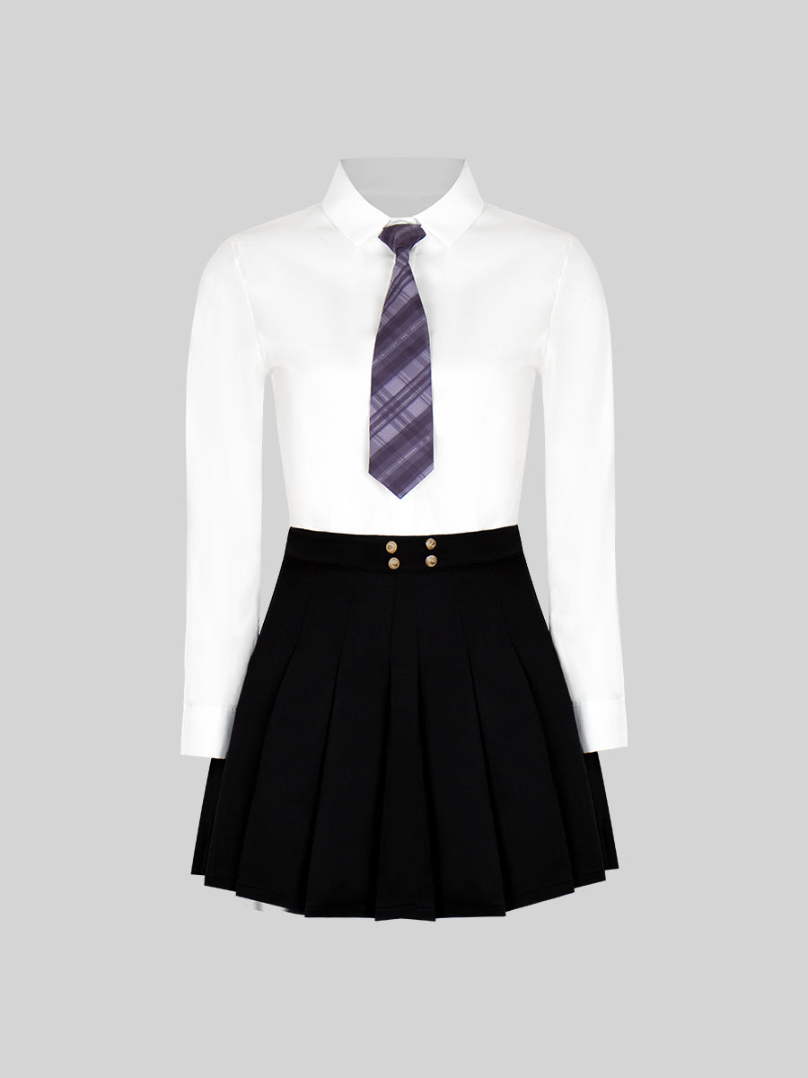Solid Color Shirt & Skirt & Blazer with Tie Set