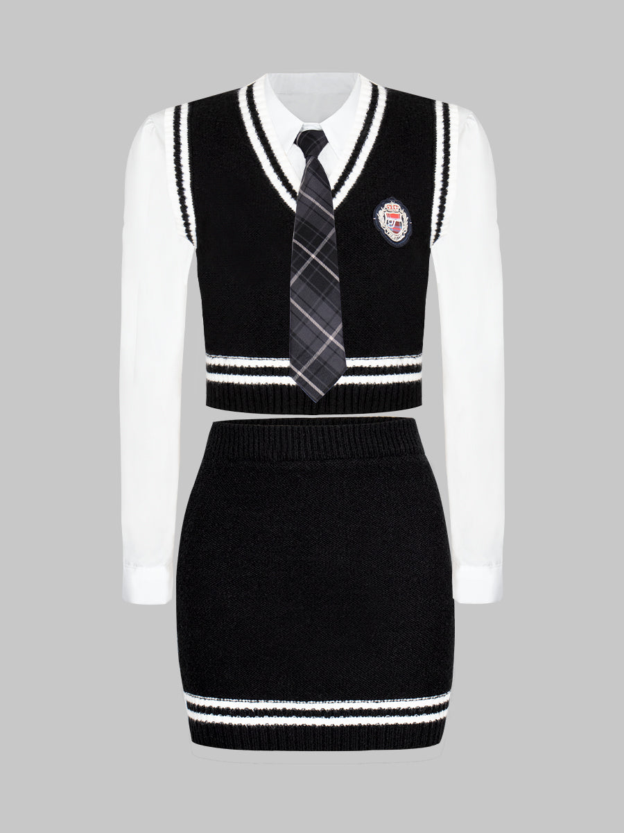 Knitted Tank Top+Shirt with Tie+Skirt Three Piece Set