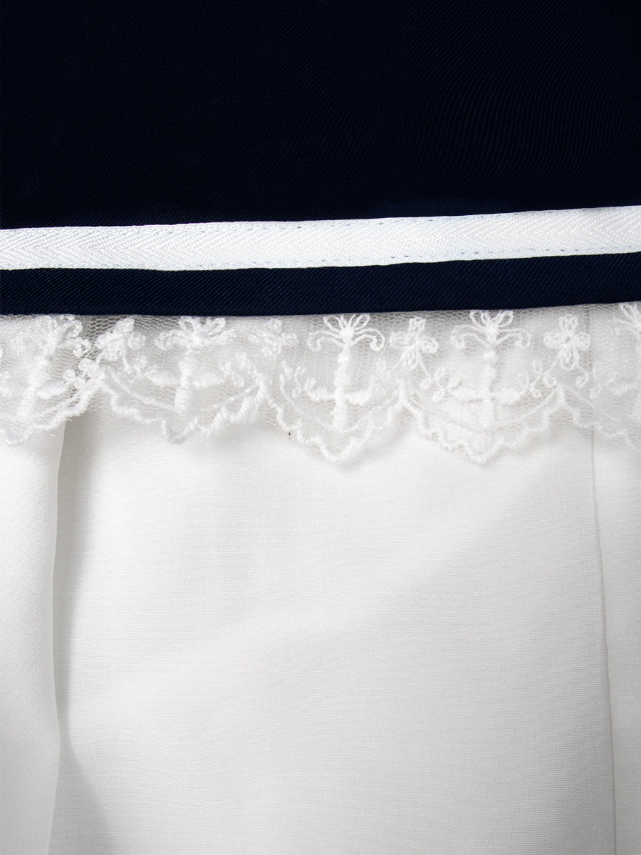 Navy Blue Bubble Sleeve Top&Pleated Skirt Set