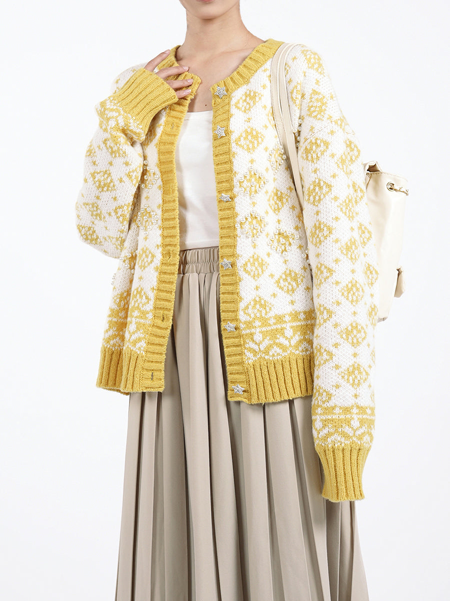 Diamond Grid Knitted Studded Cardigan