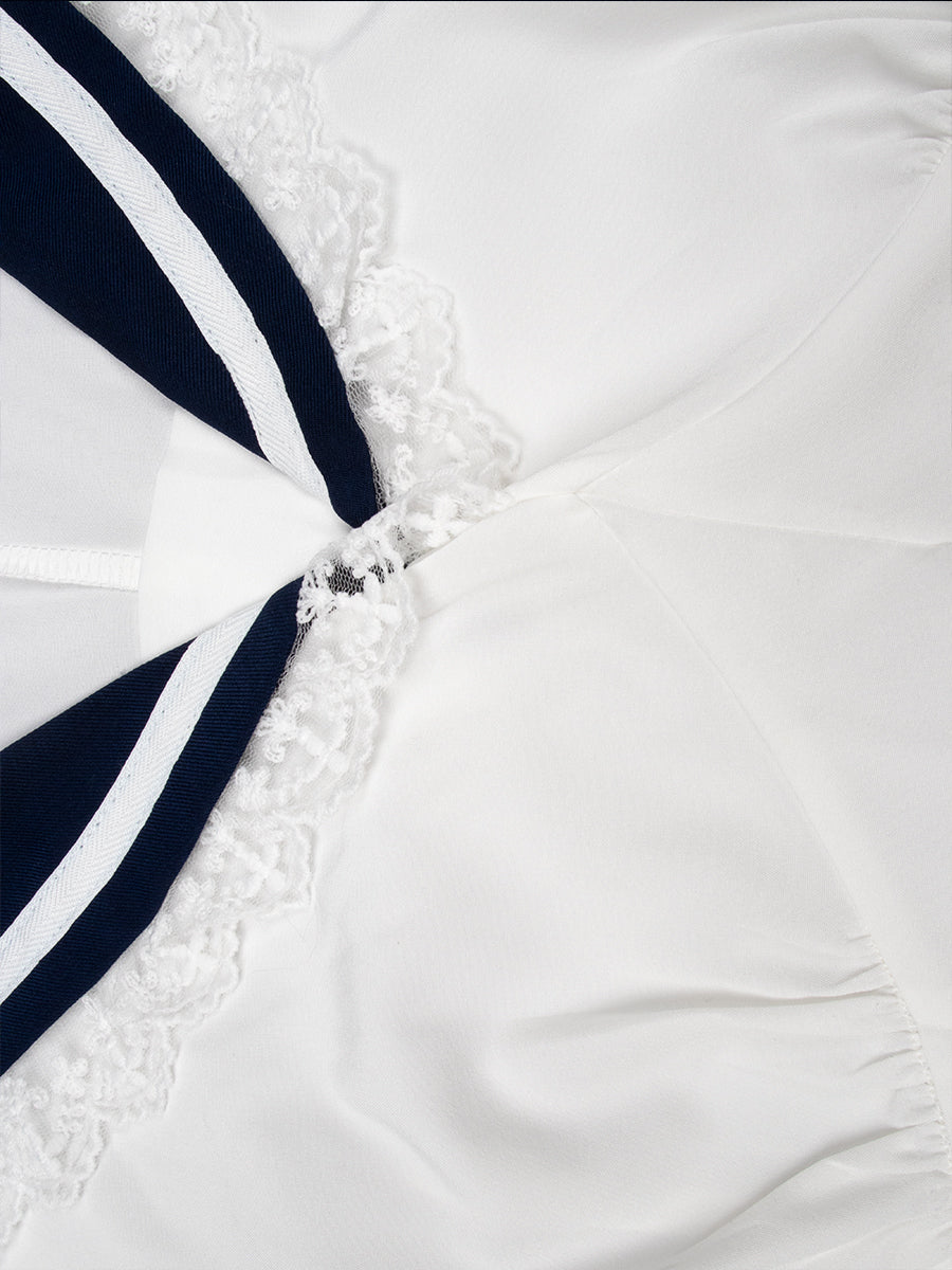 Navy Blue Bubble Sleeve Top&Pleated Skirt Set