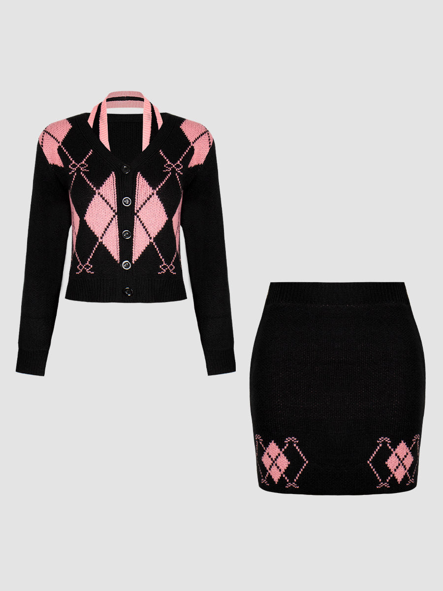 Knitted Cardigan + Hanging Neck Camisole + Skirt Three Piece Set