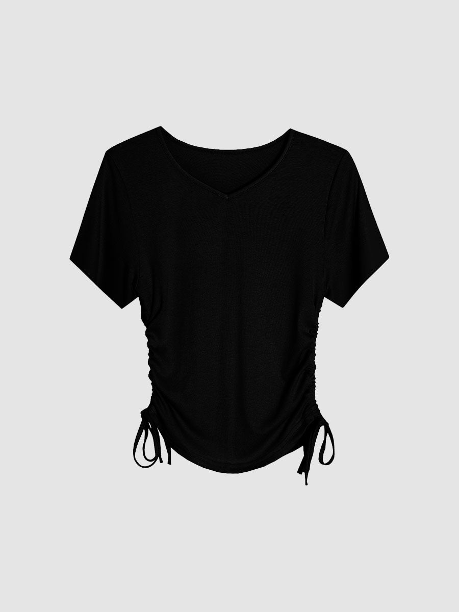 Solid Color V-neck Drawstring Top
