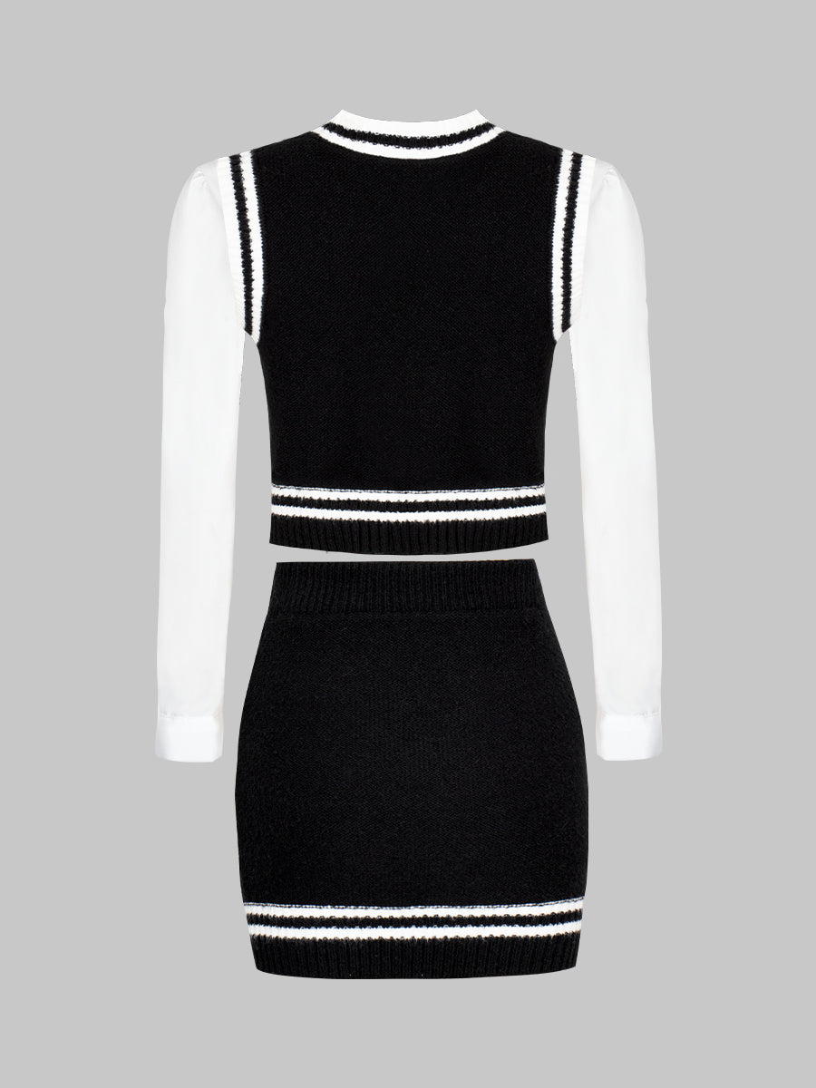 Knitted Tank Top+Shirt with Tie+Skirt Three Piece Set