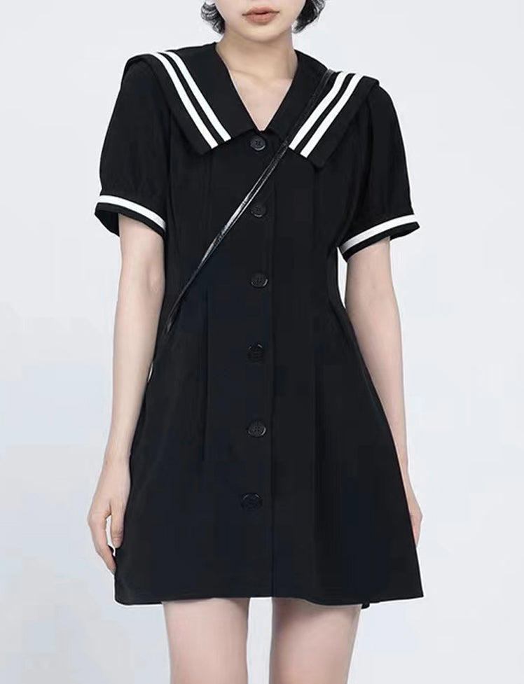Sailor Collar Buckle Short Sleeve Dress