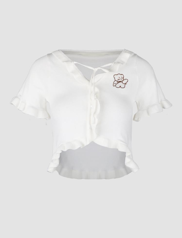 Bear Pattern Ruffle Knit Top