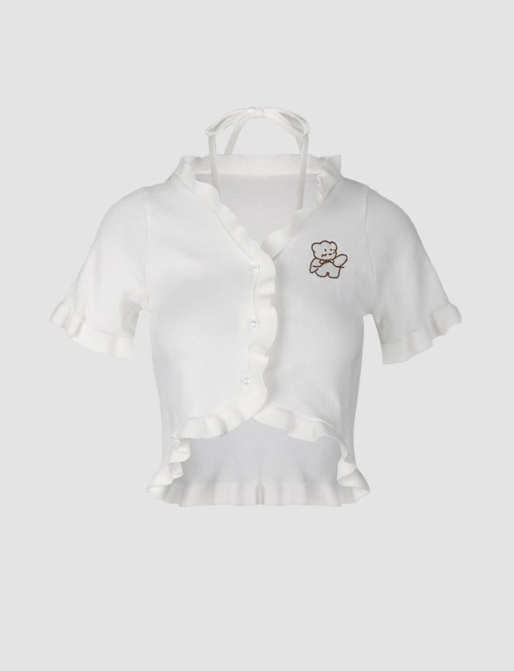 Bear Pattern Ruffle Knit Top