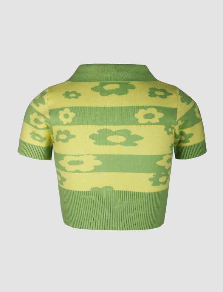 Colorblock Floral Knitted Polo Top