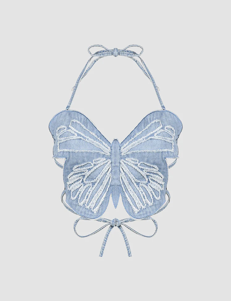 Blue Butterfly Three-dimensional Hollow Halter Top