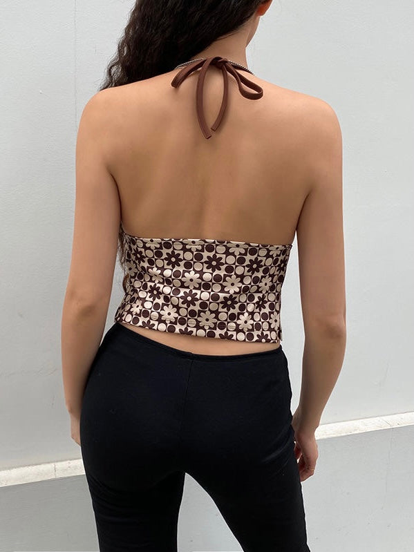 Brown Floral Print Halter Tops
