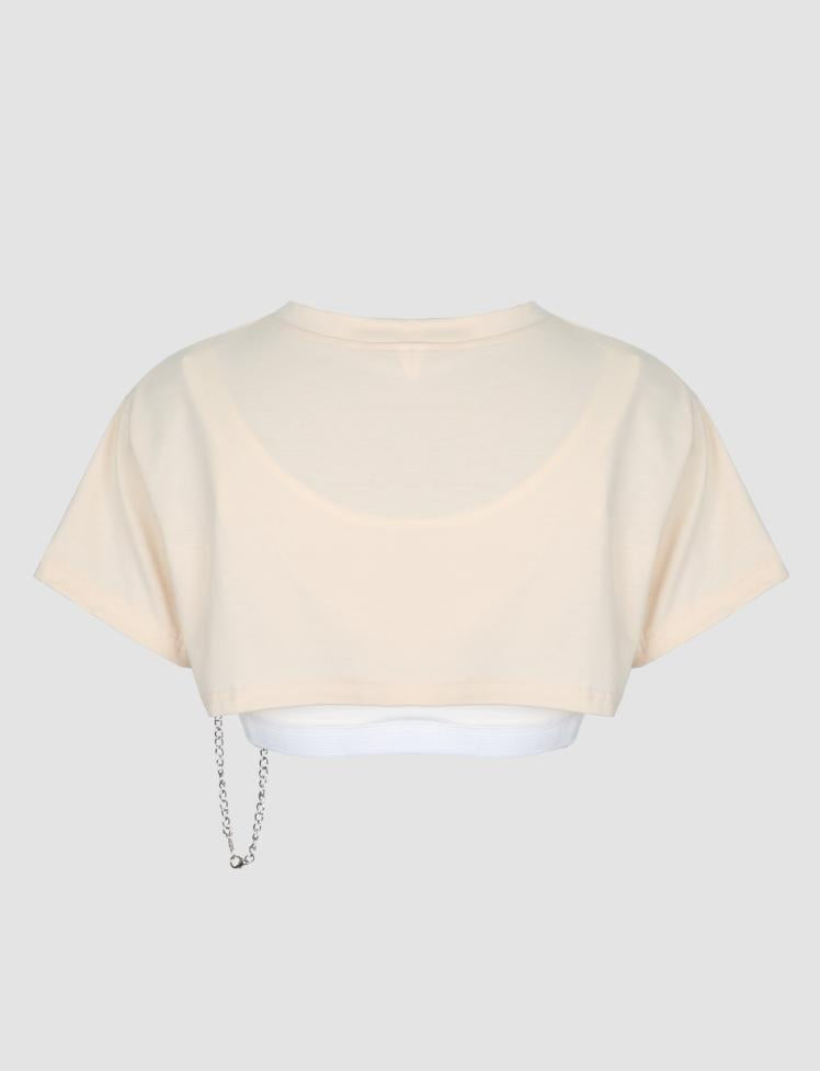 Beige Letter Printing Chain&Cami With Two-Piece Top