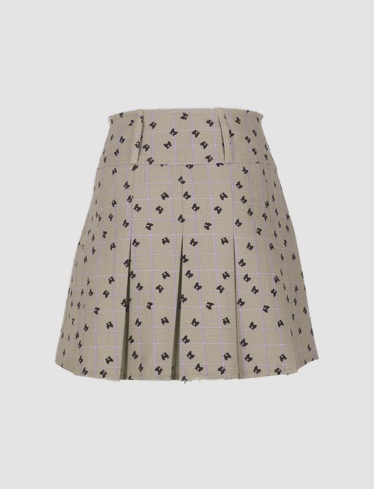 Khaki Plaid Pleated Skirt