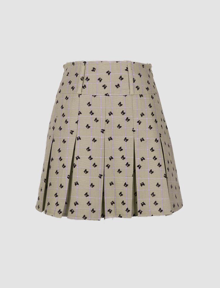 Khaki Plaid Pleated Skirt