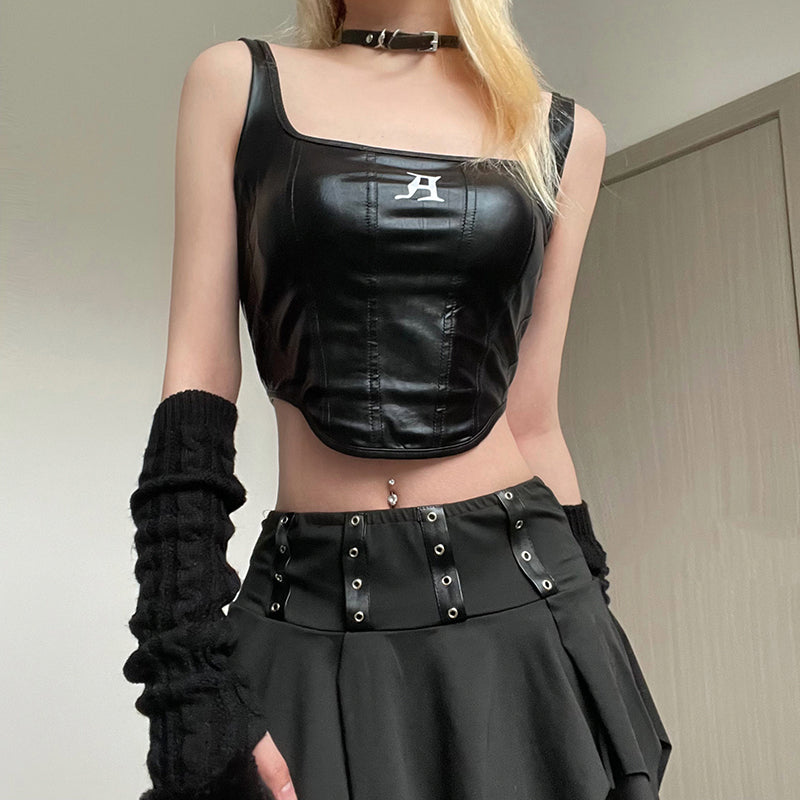 Black PU Leather Tank Crop Top