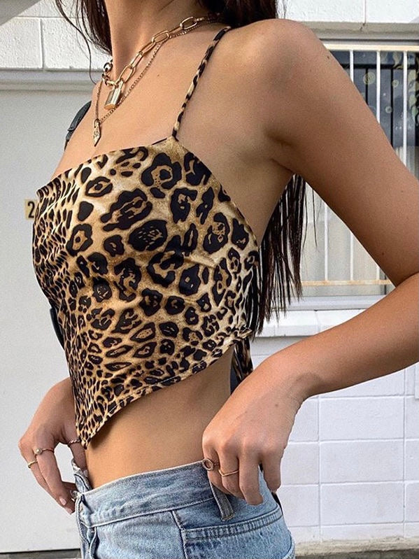 Leopard Print Straps Crop Halter Top