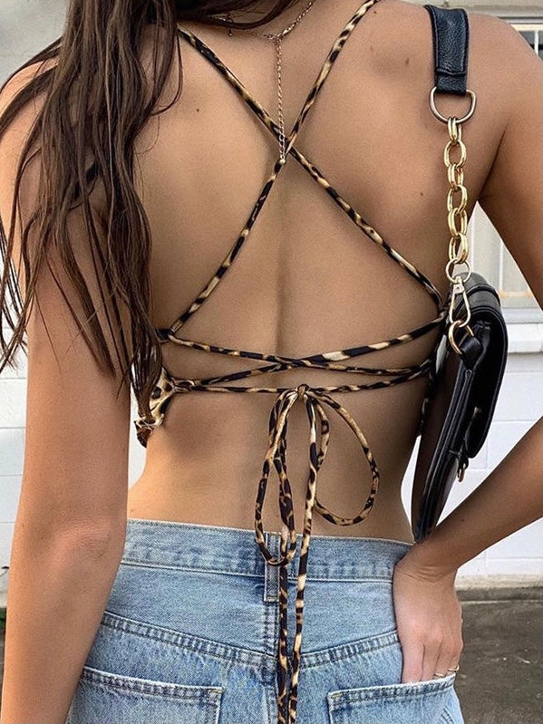 Leopard Print Straps Crop Halter Top