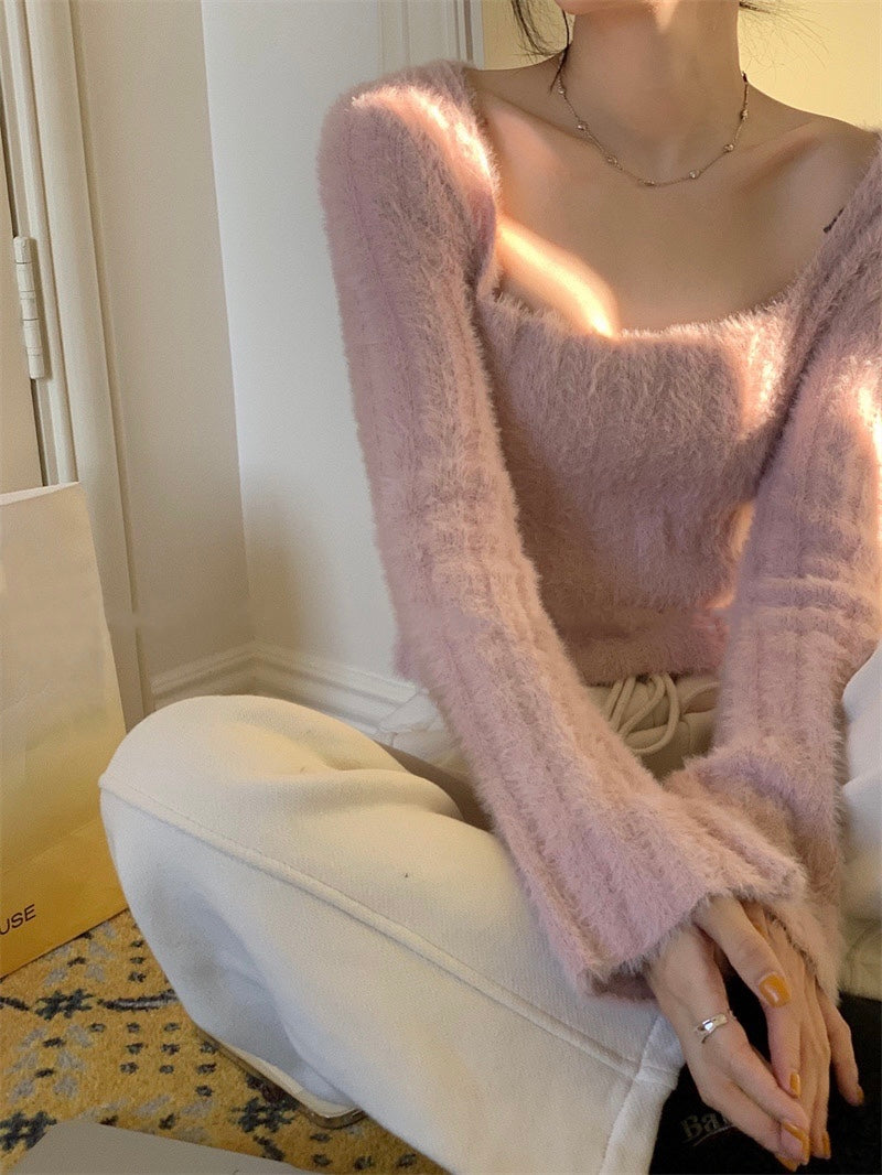 Short Fleece Square Neck Long Sleeve Top