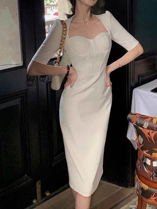 Retro Solid Color Slim Dress