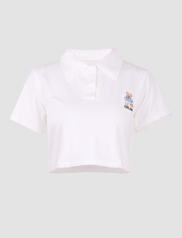 White Dream Bear Short Sleeve Polo Top