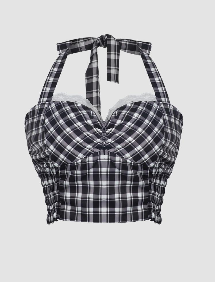 Black Lace Plaid Halter Top