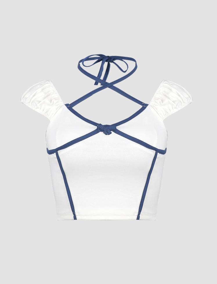 White Bow Halter Short Sleeve Top