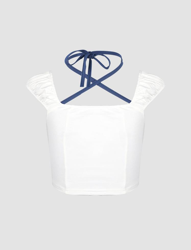 White Bow Halter Short Sleeve Top