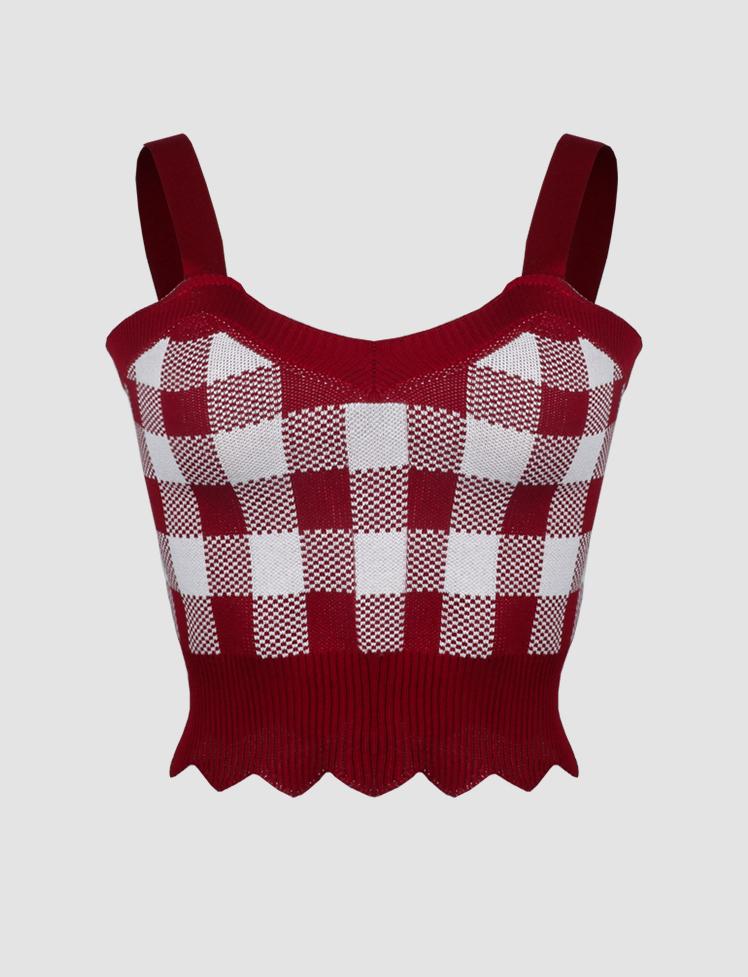 Red Irregular Hem Plaid Top