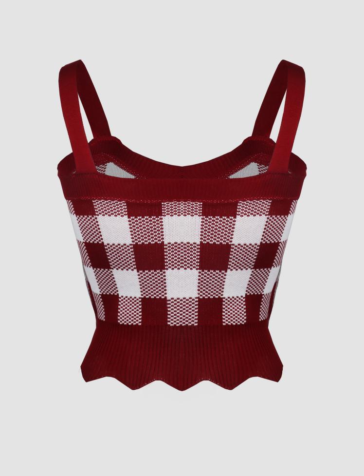 Red Irregular Hem Plaid Top