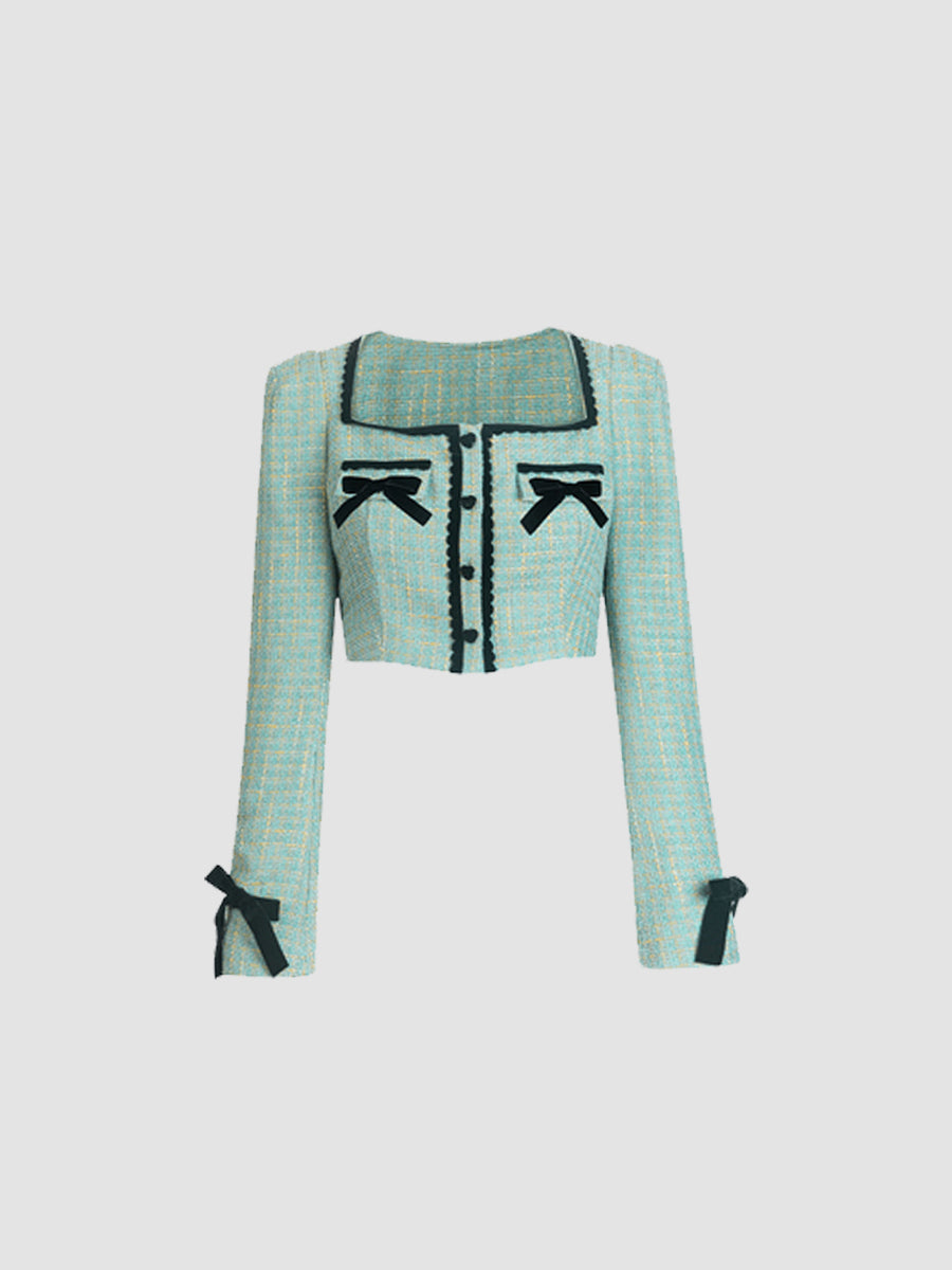 Green Bow Tweed Top&Skirt Set