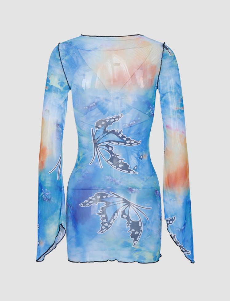 Colorful Butterfly Ruffled Top&Skirt Set