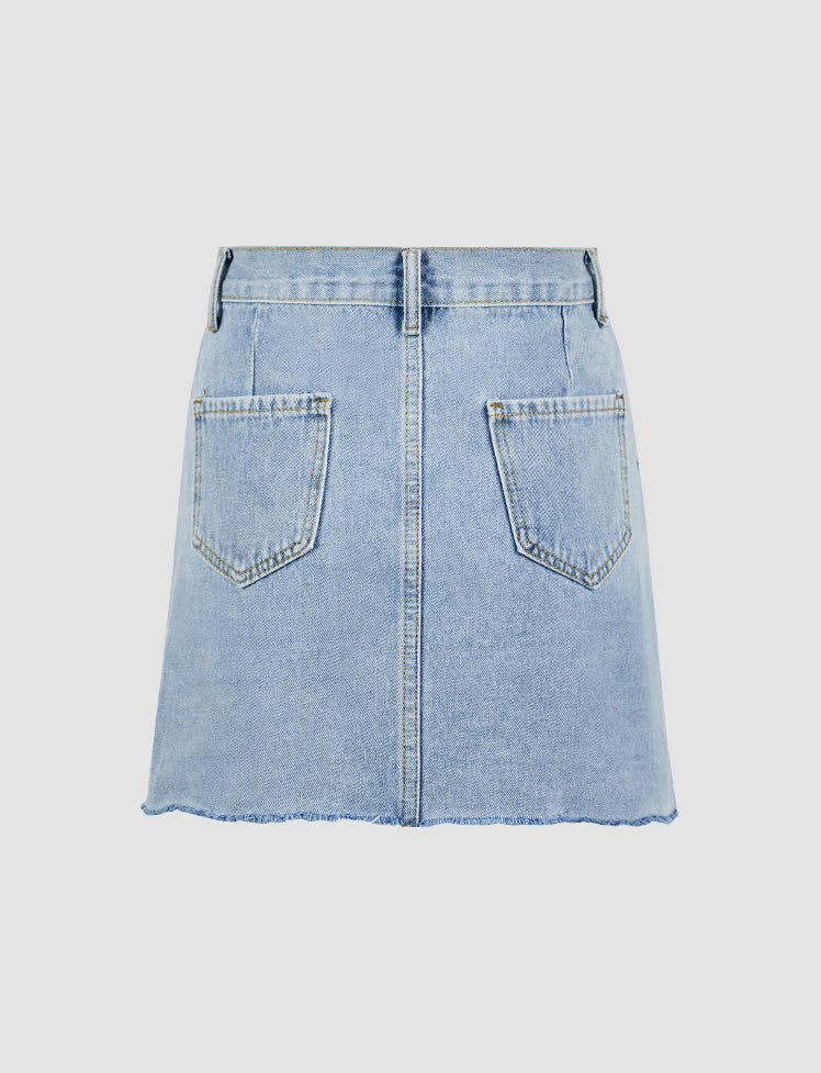 Irregular Fringed Denim Skirt
