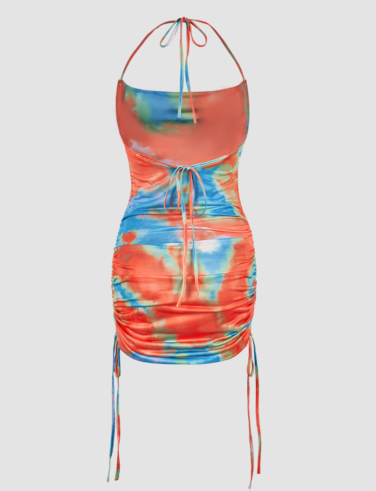 Tie-dye Satin Halter Drawstring Dress