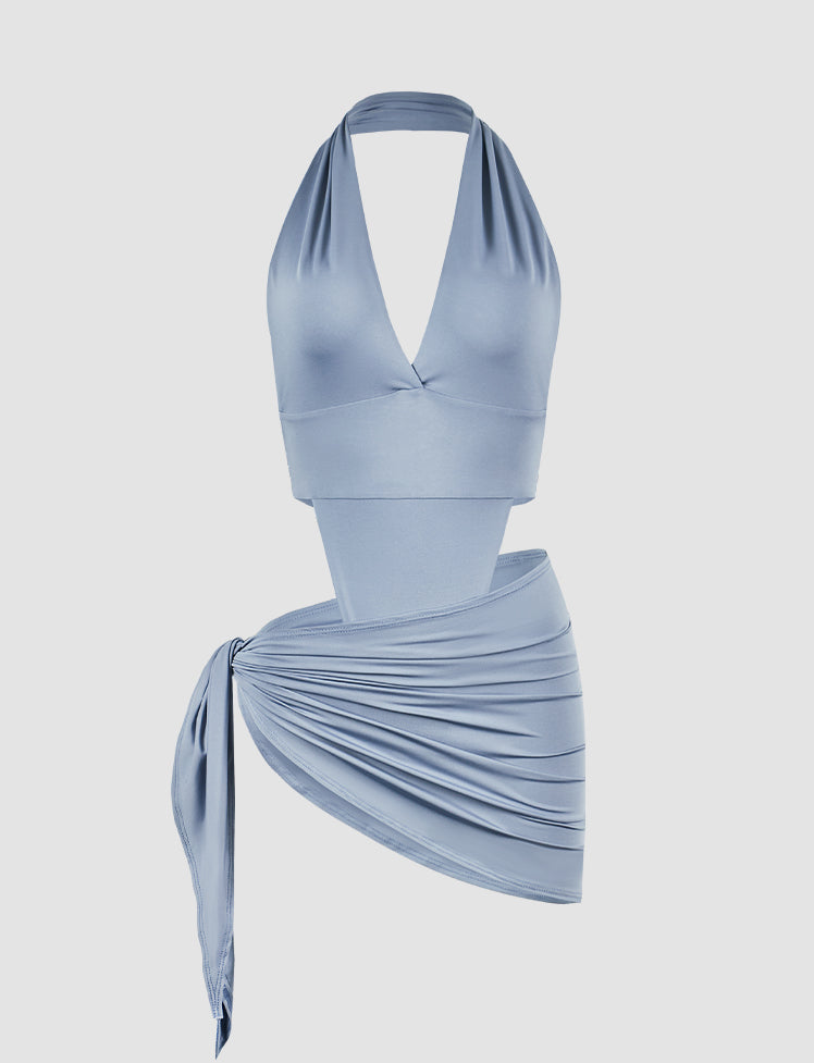 Solid Cutout Halter Two-piece Swimwear