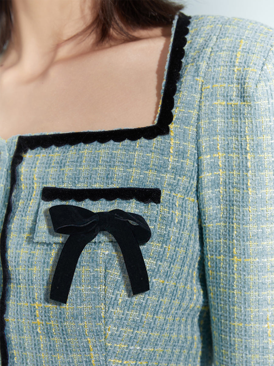 Green Bow Tweed Top&Skirt Set